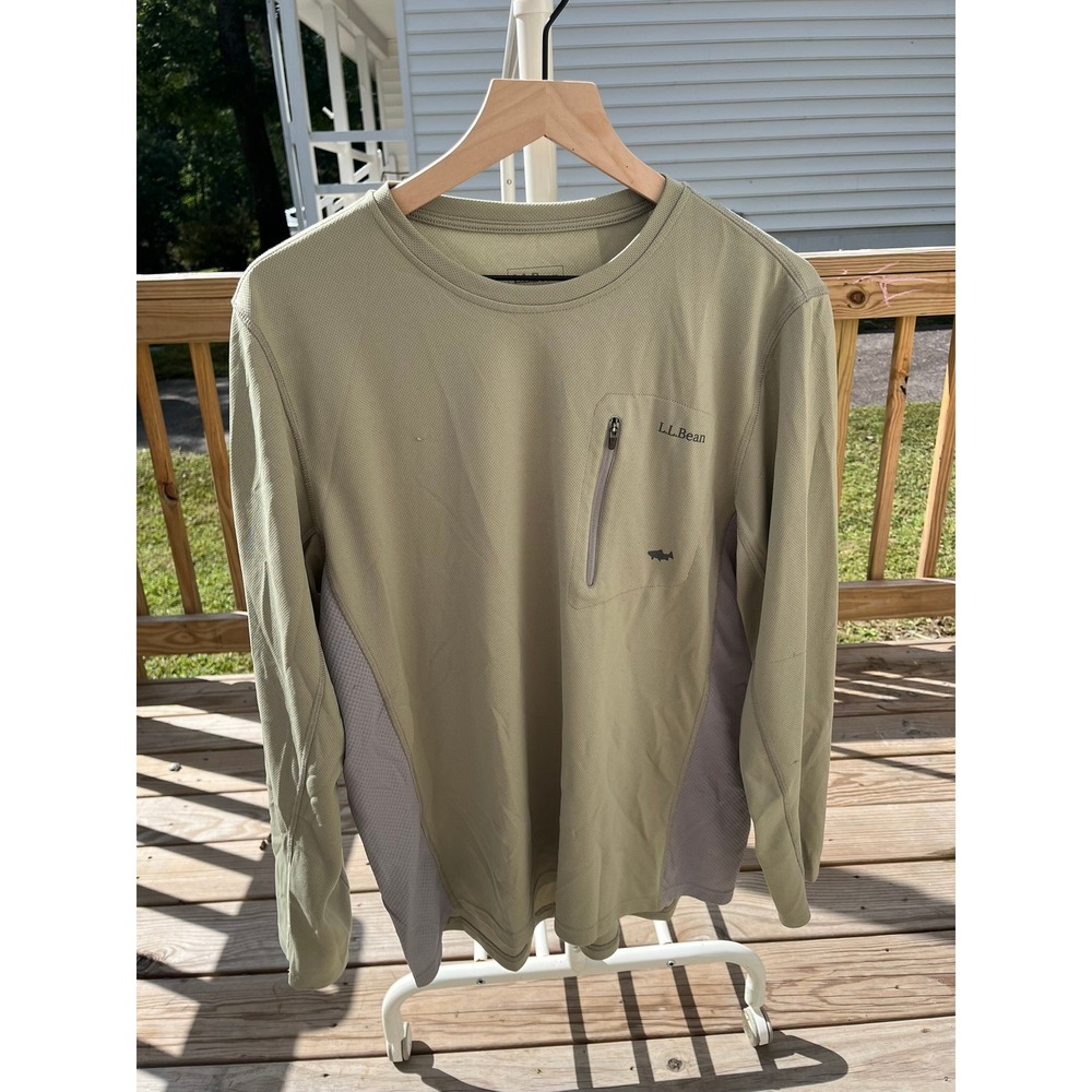 LL Bean Mens Long Sleeve Fishing Shirt Sage Green Waffle Knit Mesh Large 299472